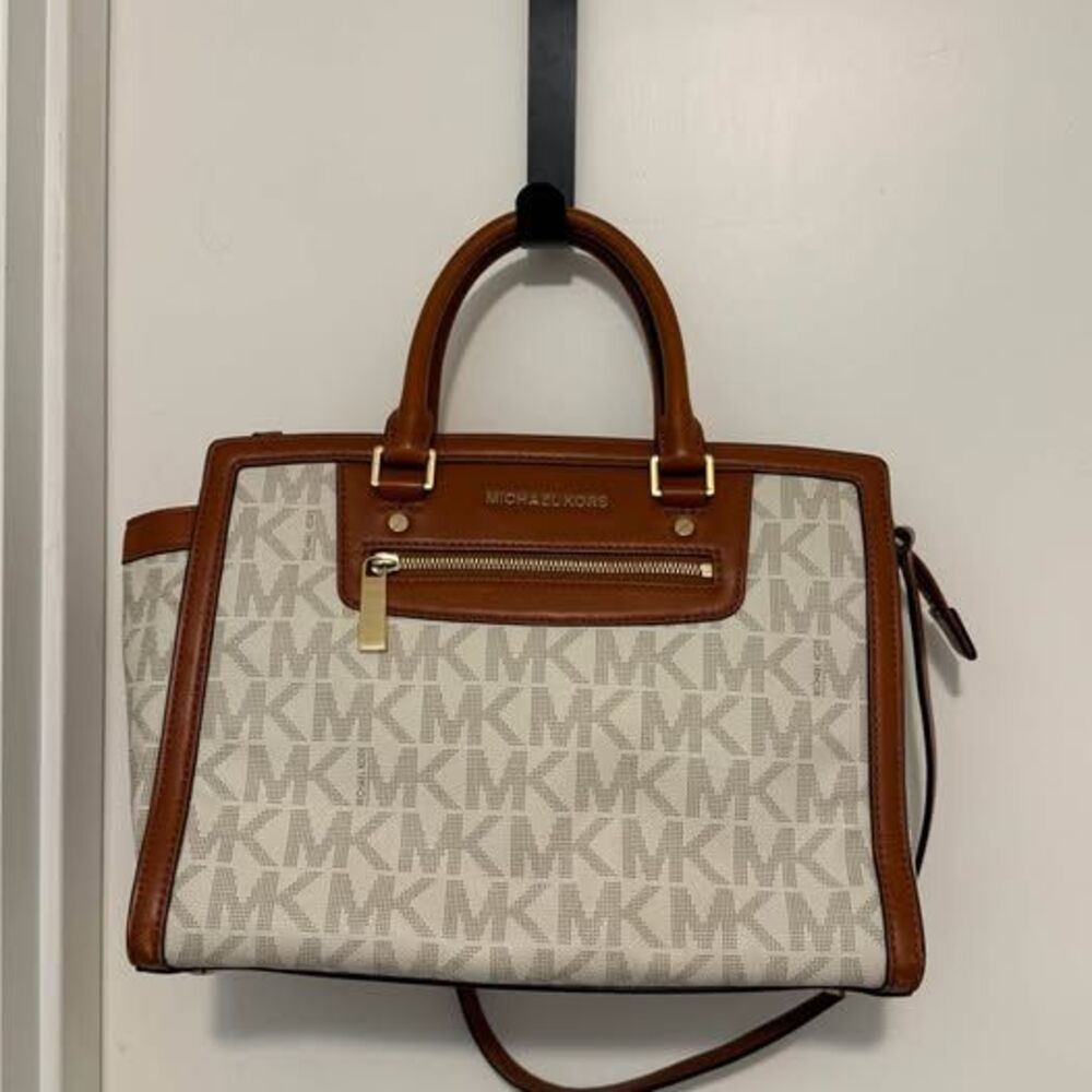 Michael Kors Signature Medium Satchel Crossbody Handbag - Off-White/Luggage Brow - Picture 2 of 10